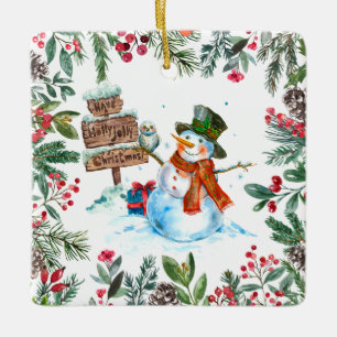 Watercolor Snowman Frohe Weihnachten Keramikornament