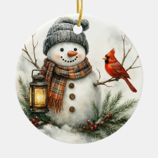 Watercolor Snowman – Lantern & Cardinal Keramik Ornament (Vorne)