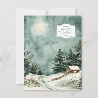 Watercolor Snowy Cottage and Trees Card Feiertagskarte