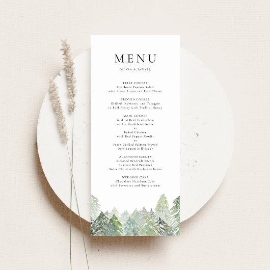 Watercolor Snowy Evergreen Woodland Winter Wedding Menükarte