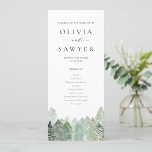 Watercolor Snowy Evergreen Woodland Winter Wedding Programm