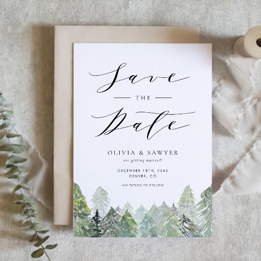 Watercolor Snowy Evergreen Woodland Winter Wedding Save The Date