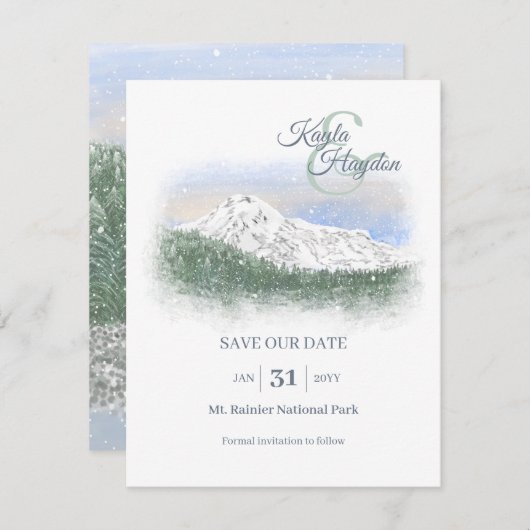 Watercolor, Snowy Mountain, Winter Wedding Einladung (Vorne/Hinten)