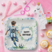 Watercolor Soccer Boy Birthday Blue Pappteller (Party)