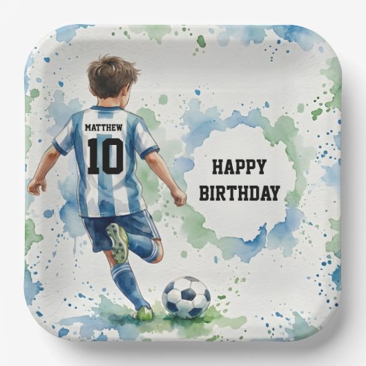 Watercolor Soccer Boy Birthday Blue Pappteller (Vorderseite)