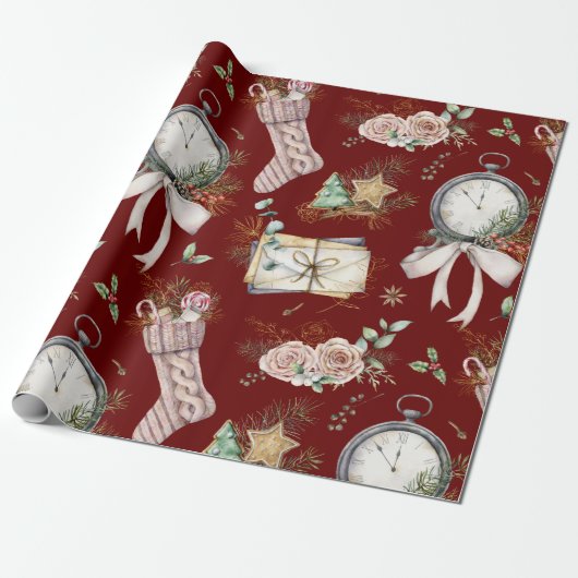 Watercolor Sock/Clock Weihnachtsmuster Geschenkpapier (Ungerollt)