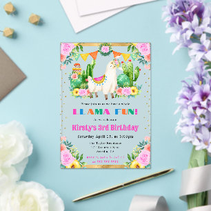 Watercolor-Sommer-Blumen-Lamas Kindergeburtstag Acryleinladungen
