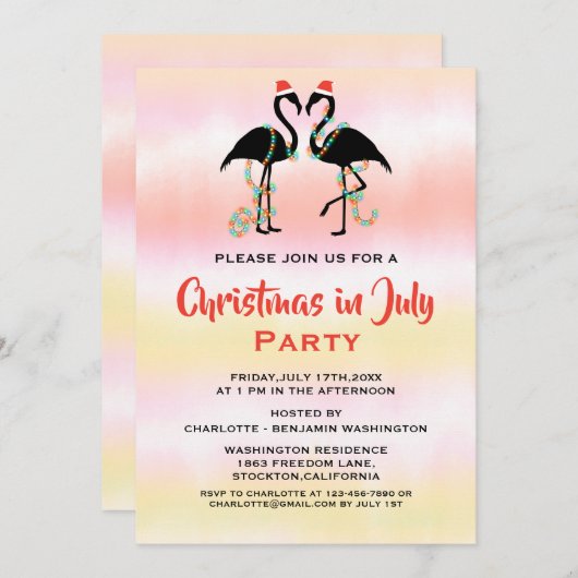Watercolor Sommer Flamingos Weihnachten im Juli Einladung (Vorne/Hinten)