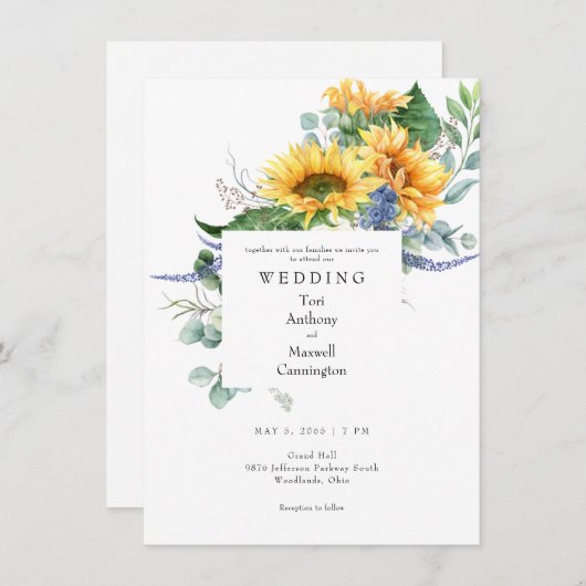 Watercolor Sonnenblume Weiße Hochzeit Einladung (Vorne/Hinten)