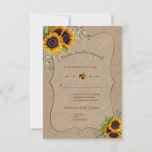 Watercolor Sonnenblumen Burlap Wedding RSVP (Vorderseite)