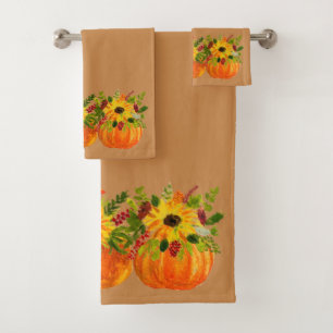 Watercolor-Sonnenblumen-Erntedank-Kürbisse Herbst Badhandtuch Set