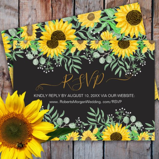 Watercolor Sonnenblumen Hochzeitsseite Schwarz RSVP Karte