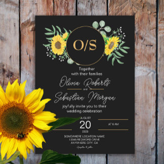 Watercolor Sonnenblumen Monogram Black Wedding Einladung