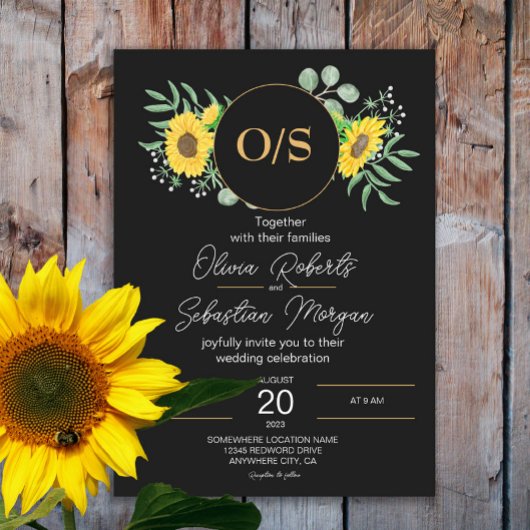 Watercolor Sonnenblumen Monogram Black Wedding Einladung
