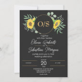 Watercolor Sonnenblumen Monogram Black Wedding Einladung (Vorderseite)