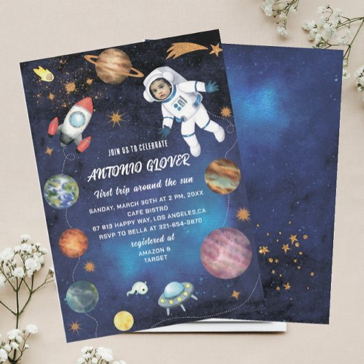 Watercolor Space Birthday Foto Einladung Baby S