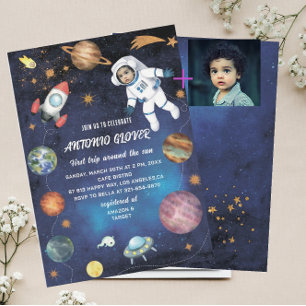 Watercolor Space Birthday Foto Einladung Baby S