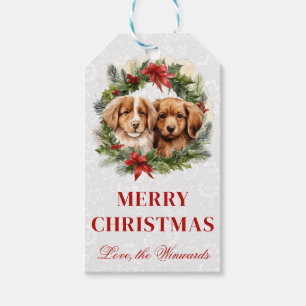 Watercolor Spaniel Welpen und Kranz Weihnachten Geschenkanhänger