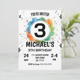 Watercolor Splash Junge 3. Geburtstag Einladung