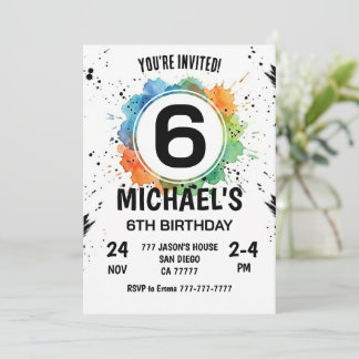 Watercolor Splash Junge 6. Geburtstag Einladung