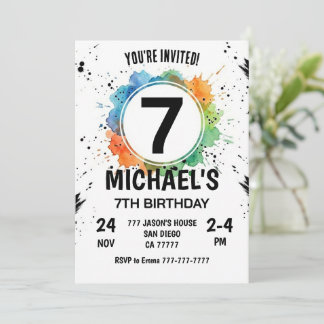 Watercolor Splash Junge 7. Geburtstag Einladung