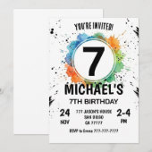 Watercolor Splash Junge 7. Geburtstag Einladung (Vorne/Hinten)