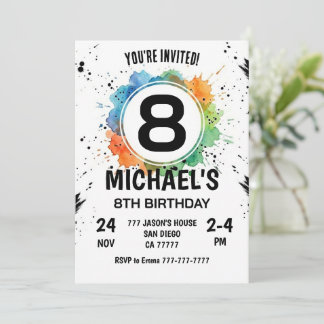 Watercolor Splash Junge 8. Geburtstag Einladung