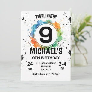Watercolor Splash Junge 9. Geburtstag Einladung