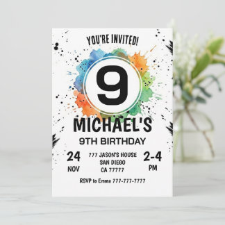 Watercolor Splash Junge 9. Geburtstag Einladung