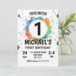 Watercolor Splash Junge Erster Geburtstag Einladung