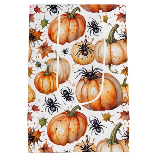 Watercolor Spooky Pumpkin & Spider Pattern Mittlere Geschenktüte (Rückseite)