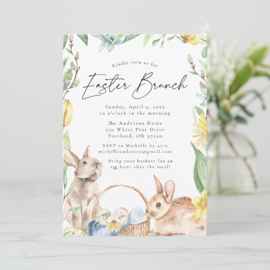 Watercolor Spring Bunnies Osterbrunch Einladung (Stehend Vorderseite)
