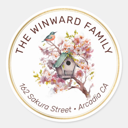 Watercolor Spring Floral Birdhouse Adresse Runder Aufkleber (Vorderseite)