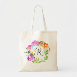 Watercolor Spring Flowers Wreath Monogram Tote Bag Tragetasche