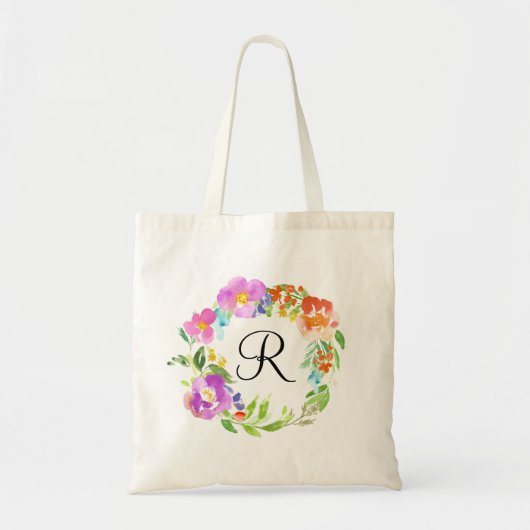 Watercolor Spring Flowers Wreath Monogram Tote Bag Tragetasche (Vorne)
