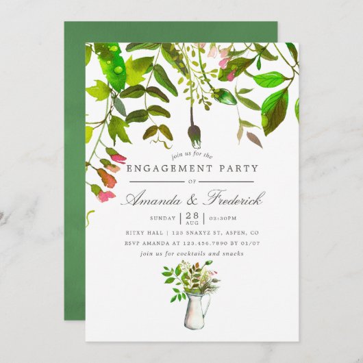 Watercolor Spring Foliage Engagement Party einlade Einladung (Vorne/Hinten)