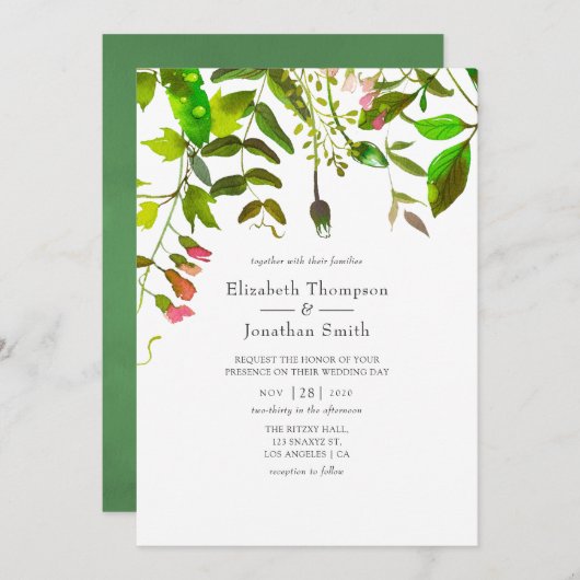 Watercolor Spring Foliage Wedding Einladung (Vorne/Hinten)