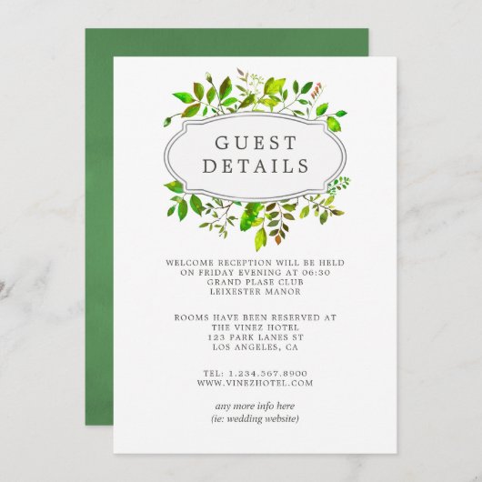 Watercolor Spring Foliage Wedding Guest Details Einladung (Vorne/Hinten)