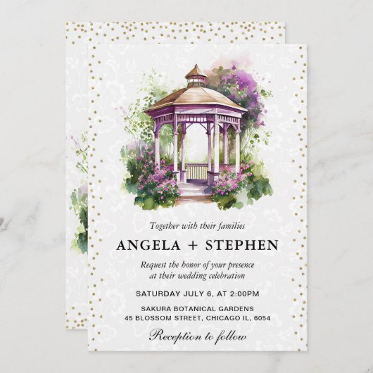 Watercolor Spring Garden Gazebo Wedding Einladung (Vorne/Hinten)
