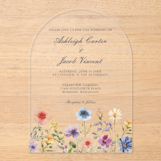 Watercolor Spring Garden Wildflower Wedding Acryleinladungen (Vorderseite)
