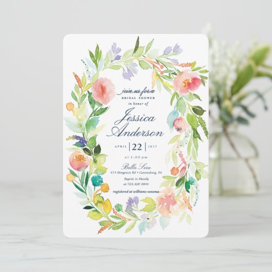 Watercolor Spring Wreath Bridal Dusche Einladung (Stehend Vorderseite)