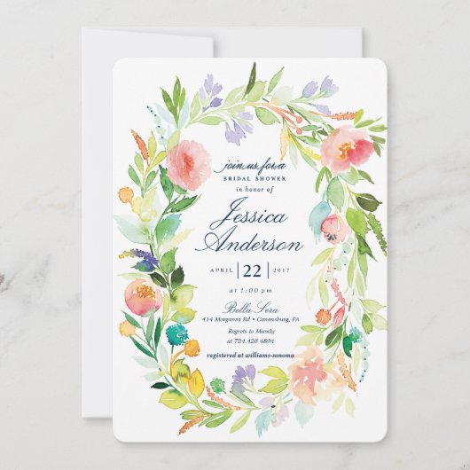 Watercolor Spring Wreath Bridal Dusche Einladung (Vorderseite)