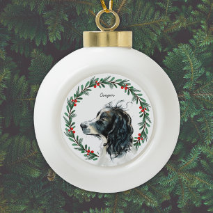 Watercolor Springer Spaniel Holiday Wreath Custom Keramik Kugel-Ornament