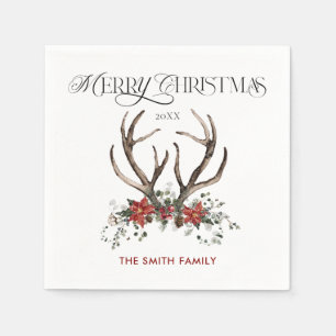 Watercolor Stag Frohe Weihnachten Botanisch Serviette