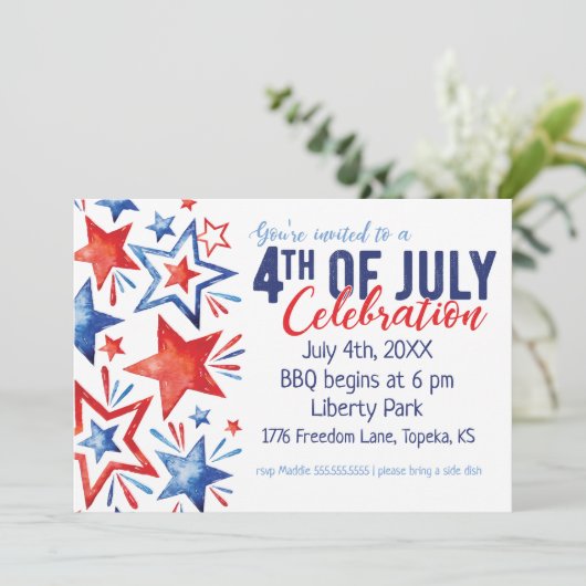 Watercolor Stars 4. Juli Einladung (Stehend Vorderseite)