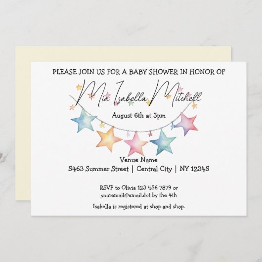 Watercolor Stars Kinderdusche Einladung (Vorne/Hinten)