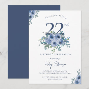 Watercolor Staubblau Blumen 22. Chic Geburtstag Einladung