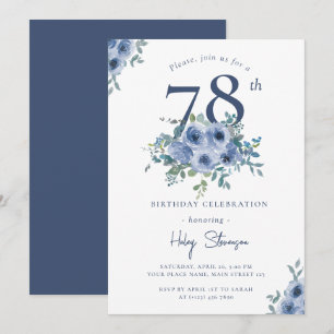 Watercolor Staubblau Blumen 78. Chic Geburtstag Einladung