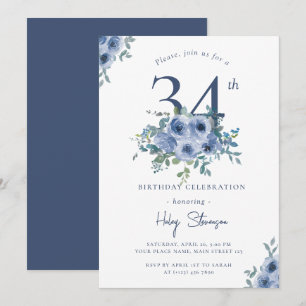 Watercolor Staubblaues Florales 34. Chic Geburtsta Einladung