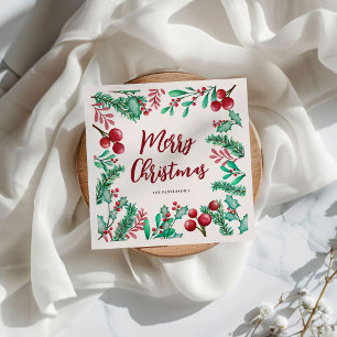 Watercolor-Stechpalme und Beeren Frohe Weihnachten Serviette